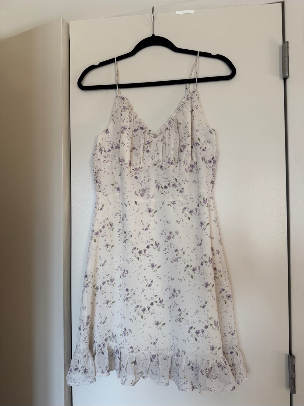Floral Ruffle Mini Dress in Cream with Lavender Print